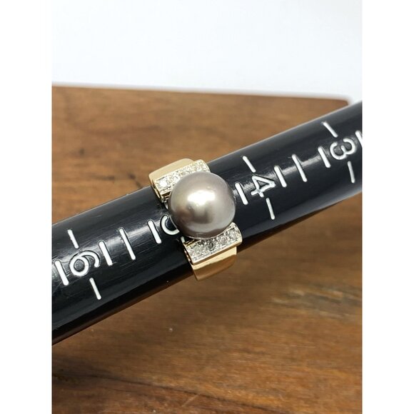 Black Pearl 9.5mm Diamond Cocktail Ring 14k Yellow Gold Estate Women's Size 4.75 - Picture 7 of 10